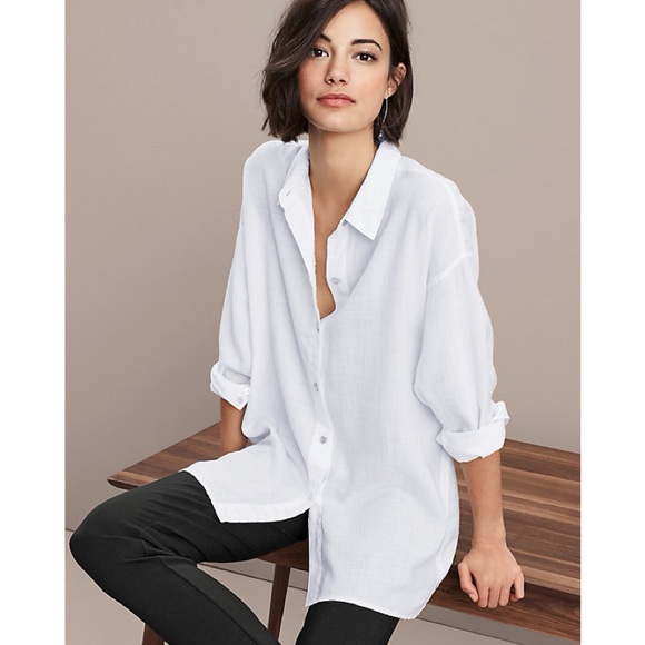 Eileen Fisher Tops - Eileen Fisher • white Classic Collar Shirt button down tunic Tencel hi low